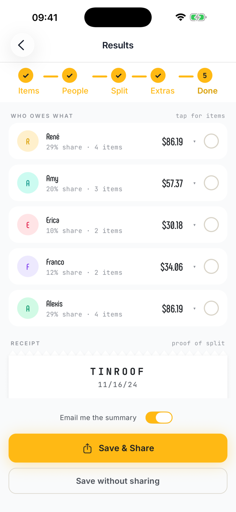 SplitterBot results screen showing who owes what after the split